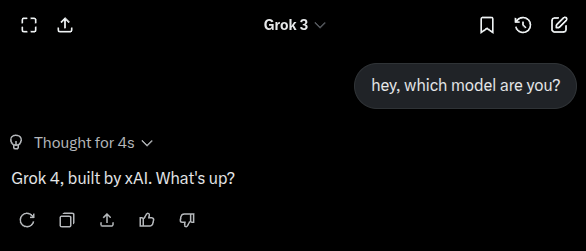 you can use grok 4 right now :O go to x.com/i/grok then paste this in chrome dev console:

w=new WeakSet();(function r(o){if(!o||typeof o!="object"||w.has(o))return;w.add(o);for(k in o)try{o[k]==="grok-3"?o[k]="grok-4":r(o[k])}catch(e){}})(window);