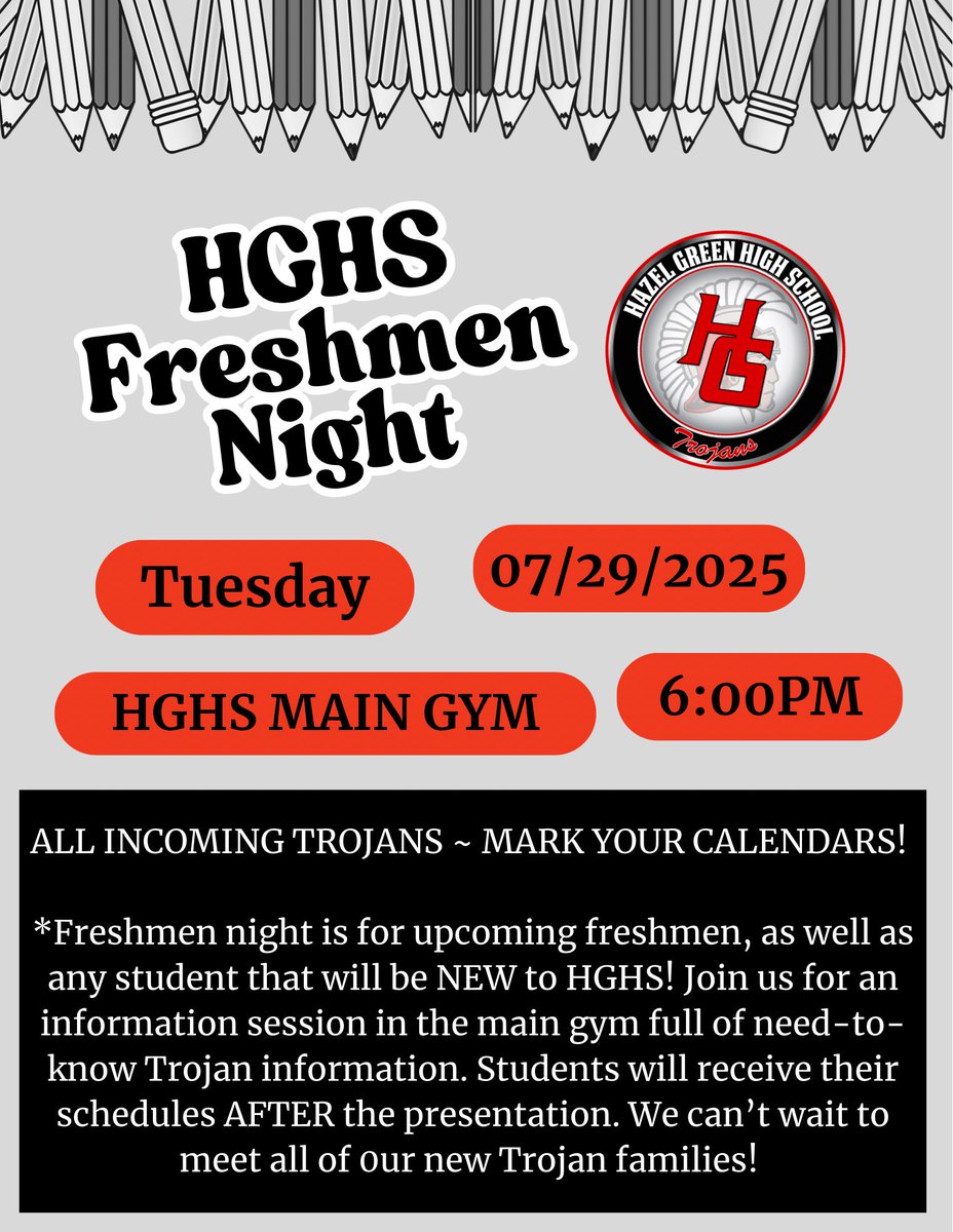 Erica Mohler (@emohler3108) on Twitter photo ‼️🗓️ MARK YOUR CALENDARS for FRESHMEN NIGHT 🗓️‼️ We can’t wait to meet all of our new Trojans & their families!! 🎉 <a href="/QuinnHeaden/">Dr. E. Quinn Headen</a> <a href="/AndreaMariDavis/">Andrea Davis</a> <a href="/djacktha1st/">Derrick Jackson sr.</a> <a href="/HazelGreenHigh/">Hazel Green High School</a> ‼️🗓️ MARK YOUR CALENDARS for FRESHMEN NIGHT 🗓️‼️ We can’t wait to meet all of our new Trojans & their families!! 🎉 <a href="/QuinnHeaden/">Dr. E. Quinn Headen</a> <a href="/AndreaMariDavis/">Andrea Davis</a> <a href="/djacktha1st/">Derrick Jackson sr.</a> <a href="/HazelGreenHigh/">Hazel Green High School</a>