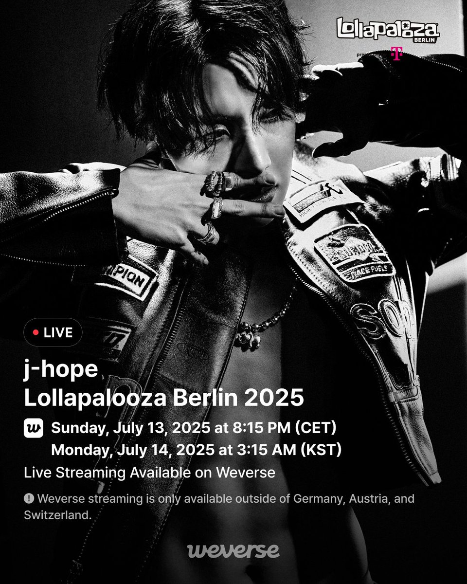 อย่าพลาดชมการถ่ายทอดสด การแสดงของเจโฮปที่งาน Lollapalooza Berlin โดยเจโฮปจะใช้เวลาในการแสดงทั้งหมด 1 ชม. 30 นาที
วันที่ 14 กรกฎาคมนี้
ตั้งแต่เวลา 01.15 น.-02.45 น. (เวลาไทย)
รับชมทาง Weverse Live และยูทูปช่อง BANGTANTV