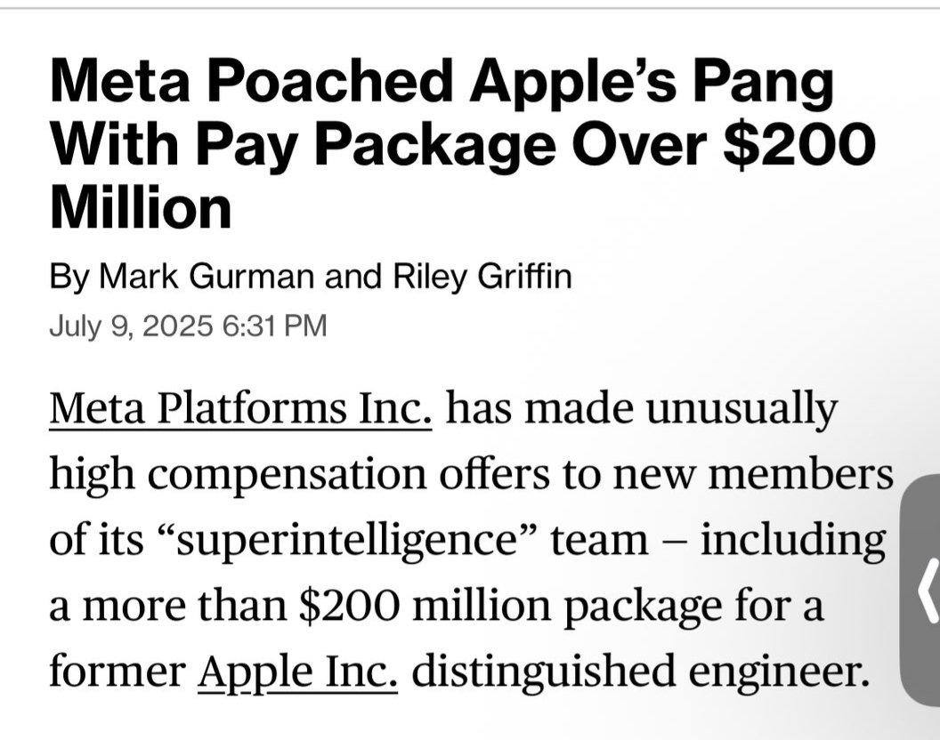 Strategi_Bisnis's tweet photo. Setelah bajak 7  tim inti OpenAI dg gaji USD 300 million per orang per 4 tahun, META kembali bajak ahli ai apple dg imbalan USD 200 million. Ngeri. 

Apakah worth it? Sangat. 

Sebab jika MetaAI berhasil, valuasinya dg mudah tembus USD 100 billion. ROInya gede sekali. https://t.co/KV31KjPa3b