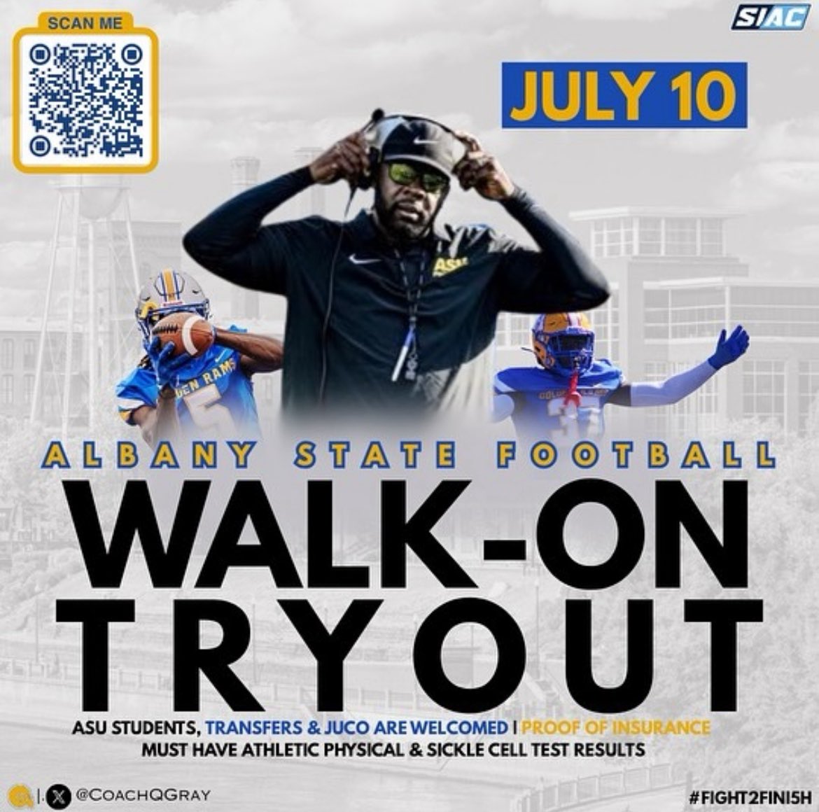Walk-Ons. JUCO. Unsigned Seniors — You’re Up tomorrow! 🏈🔥
📍 Albany State University
🗓️ July 10 | Southwest Georgia Showcase
This is your chance to show what you’re made of..
📲  Scan barcode to Register now‼️