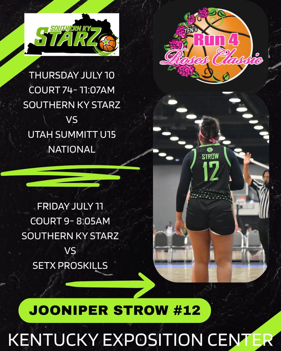 Jooniper Strow (@jooniper_strow) on Twitter photo Come check me and my 2028 Southern Ky Starz team out starting tomorrow <a href="/TFNsRun4Roses/">TFN's Run 4 Roses</a>. Looking to repeat as champions again this year!
<a href="/sokystarz/">Southern KYSTARZ</a> <a href="/CoachFaulkner24/">Cornelius Faulkner</a> <a href="/PGHKentucky/">Prep Girls Hoops Kentucky</a> <a href="/MasonHAsher/">Mason Asher</a> <a href="/riseupsports1/">Rise Up Sports Media</a> <a href="/LadyTopperHoops/">WKU Women’s Basketball</a> <a href="/RacersWBB/">Murray State Women's Basketball</a> <a href="/KentuckyWBB/">Kentucky Women’s Basketball</a> <a href="/UChicagoWBB/">UChicagoWBB</a> <a href="/SaintLouisWBB/">Saint Louis WBB</a> Come check me and my 2028 Southern Ky Starz team out starting tomorrow <a href="/TFNsRun4Roses/">TFN's Run 4 Roses</a>. Looking to repeat as champions again this year!
<a href="/sokystarz/">Southern KYSTARZ</a> <a href="/CoachFaulkner24/">Cornelius Faulkner</a> <a href="/PGHKentucky/">Prep Girls Hoops Kentucky</a> <a href="/MasonHAsher/">Mason Asher</a> <a href="/riseupsports1/">Rise Up Sports Media</a> <a href="/LadyTopperHoops/">WKU Women’s Basketball</a> <a href="/RacersWBB/">Murray State Women's Basketball</a> <a href="/KentuckyWBB/">Kentucky Women’s Basketball</a> <a href="/UChicagoWBB/">UChicagoWBB</a> <a href="/SaintLouisWBB/">Saint Louis WBB</a>