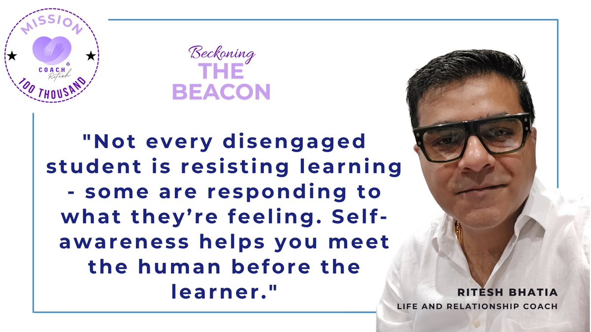 RiteshB_coach's tweet image. Behind every tough student is a story.

Are you curious enough to look past the behavior and see the human?

#ConsciousTeaching #StudentConnection #EmotionalSafety #Mission100Thousand #CoachRitesh