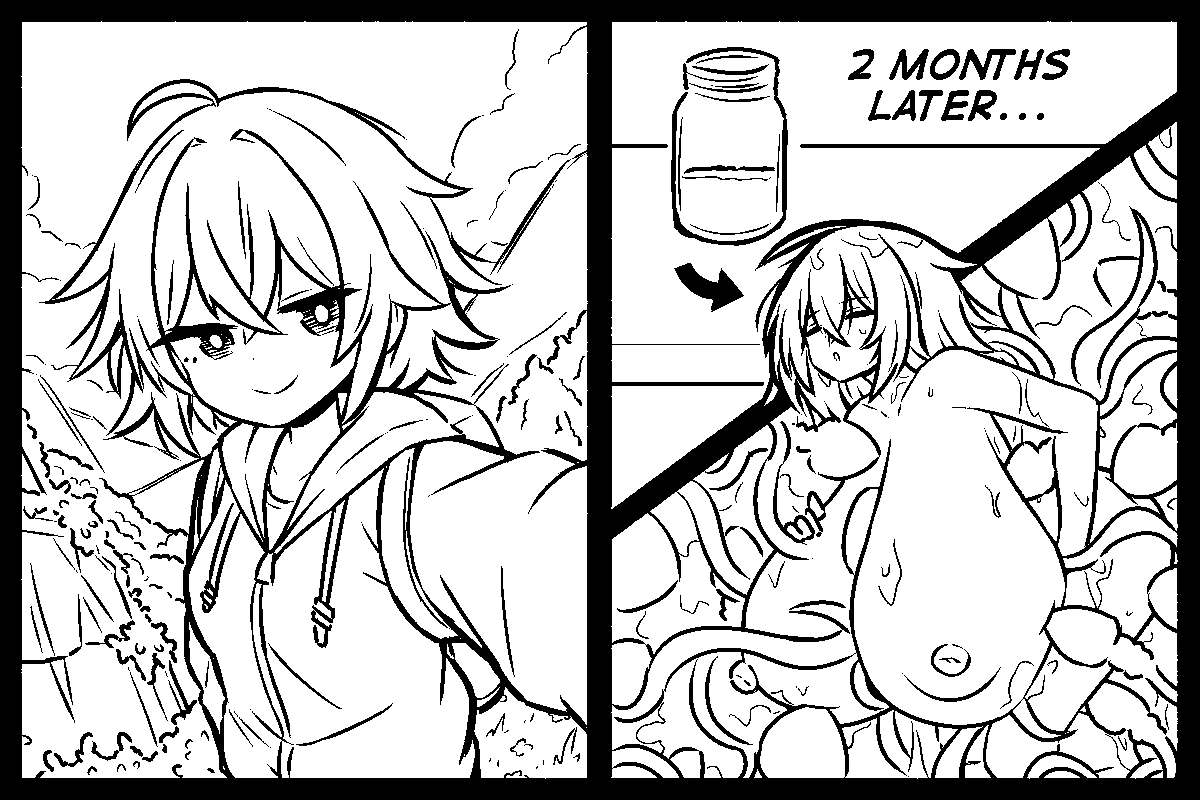 (supporter request)
"A before/after sequence where a hiker has taken a photograph before going on a hike. 
The after part shows her two months later, trapped in a jar half-filled with cum. Her hair is noticeably longer, and her breast are now massive."