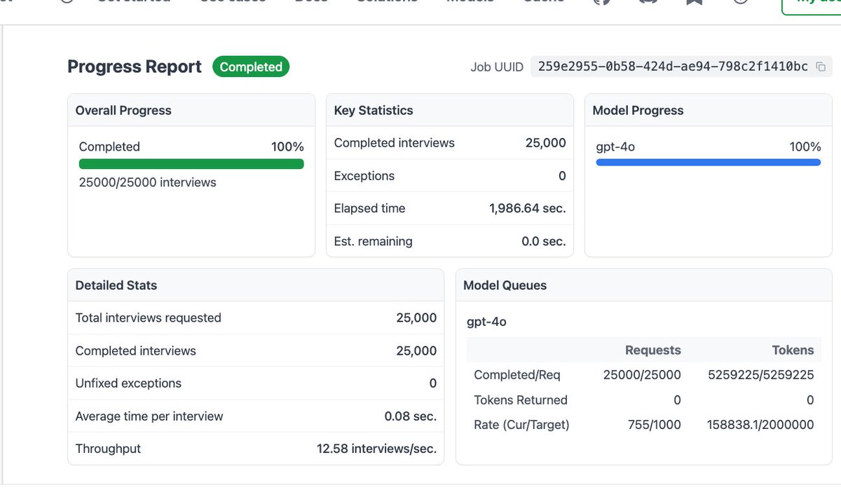 John Horton (@johnjhorton) on Twitter photo Researchers: If you have a big data labeling job you want to use LLMs for---a user just ran 25,000 surveys on <a href="/ExpectedParrot/">Expected Parrot: Open-source tools for AI research</a> w/o exceptions (no retries / rate limit errors etc). 1/ Researchers: If you have a big data labeling job you want to use LLMs for---a user just ran 25,000 surveys on <a href="/ExpectedParrot/">Expected Parrot: Open-source tools for AI research</a> w/o exceptions (no retries / rate limit errors etc). 1/
