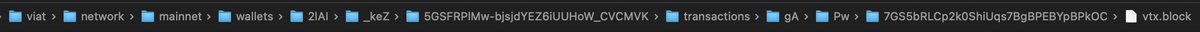 tommarchi's tweet photo. (CLICK THE IMAGE TO VIEW THE FULL PATH) The #VIAT superstructure is a physical file system and is the actual representation of the VIAT Blockchain in action this is the current save path for a transaction. The filesystem is part trie part design sharing some neuromorphic attributes. Below is the actual file path to a VIAT transaction as stored in the blockchain. Unlike other cryptos it's a physical file system instead of standalone files that need to be processed to be remotely usable requiring databases and processing time spent on indexing the data. VIAT on the other hand uses primarily a physical file system either on disk that can be loaded into RAM that offers constant lookup times out of the box and leverages the OS & native file system for fast lookups. Designed for modern hardware specifically modern ARM based macs with unified memory. All blocks are stored via deterministic CBOR.