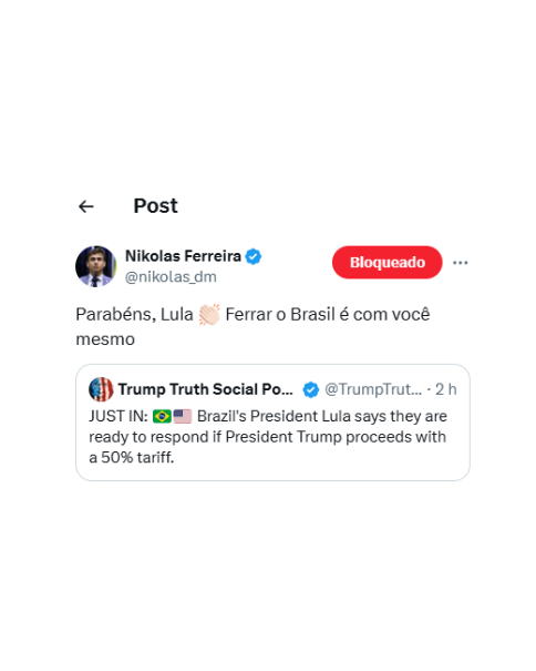 poptime's tweet photo. O deputado "patriota" Nikolas Ferreira DEBOCHA de taxação de Donald Trump ao Brasil:

"Parabéns, Lula 👏🏻 Ferrar o Brasil é com você mesmo." https://t.co/460xWl1SpE
