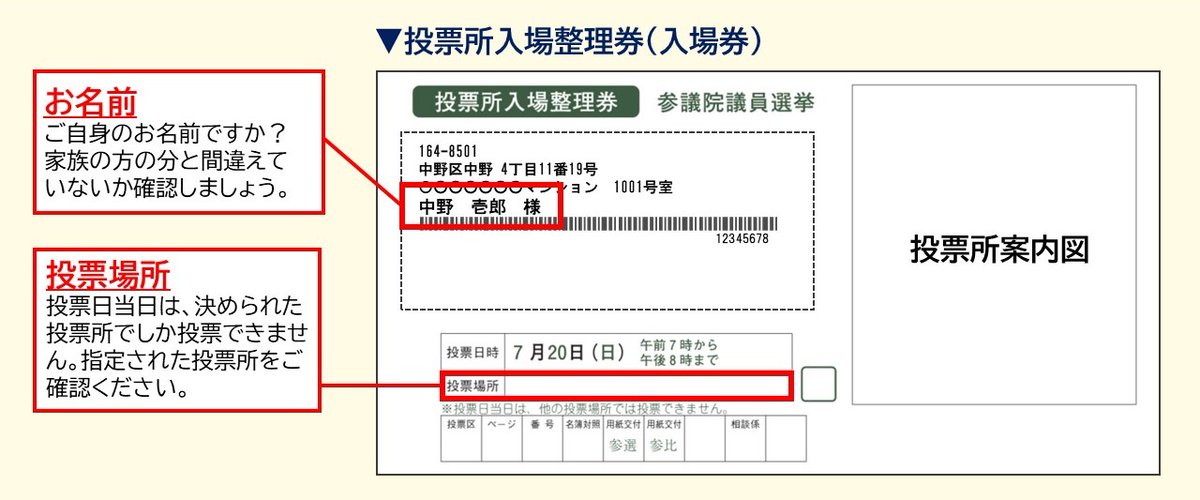 7月20日(日)は参議院議員選挙の投票日】 ▽「投票所入場整理券(入場券 