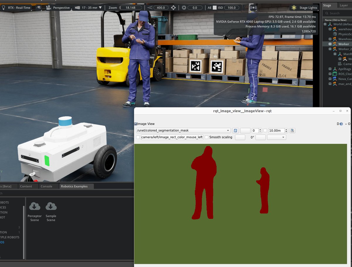 CocJii's tweet image. $NVDA the PeopleSemSegNet model performs segmentation on images captured by the robot’s camera in simulation #IsaacSim and visualize the results using a ROS debugging tool #ROS2