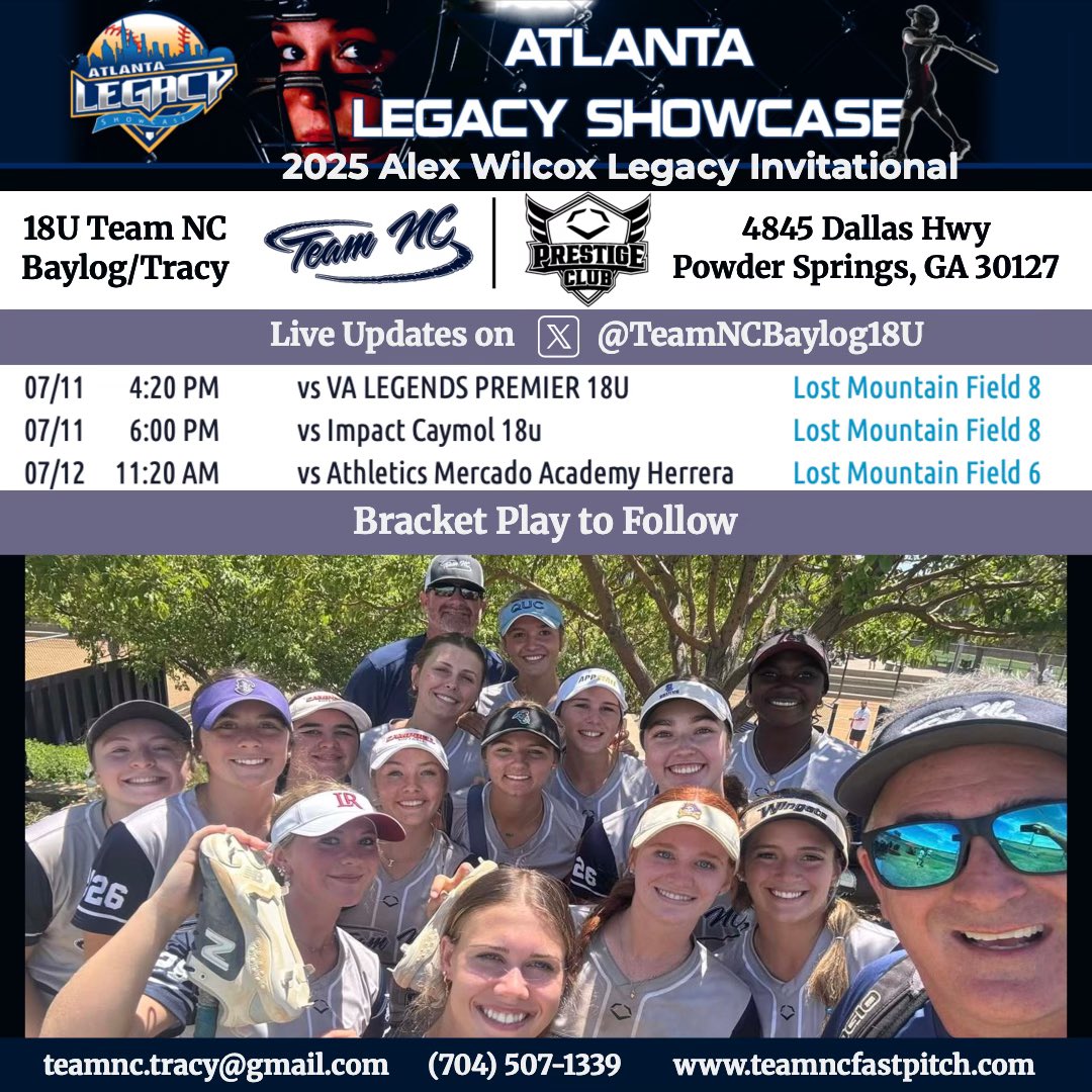 TeamNCBaylog18U's tweet image. This weekend we are in ATL 🍑 playing in the Alex Wilcox Legacy Invitational! Follow us live on our GameChanger channel &amp;amp; on our FB page for schedule &amp;amp; score updates. Schedule ⬇️🥎
@TeamNCSoftball 
#watchusgrow