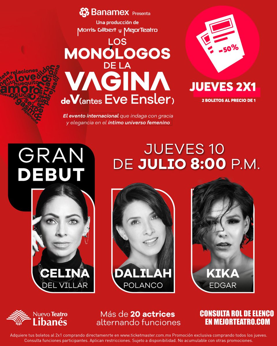 ✨Aprovecha este 2x1 y no te pierdas de #LosMonólogosDeLaVagina✨

🫦 <a href="/celinadelvillar/">celina del villar</a>
👄 <a href="/DalilahPolanco/">Dalílah Polanco</a>
💋 <a href="/KikaEdgar/">Kika Edgar</a>
🎟️ bit.ly/LMDLVG2X1