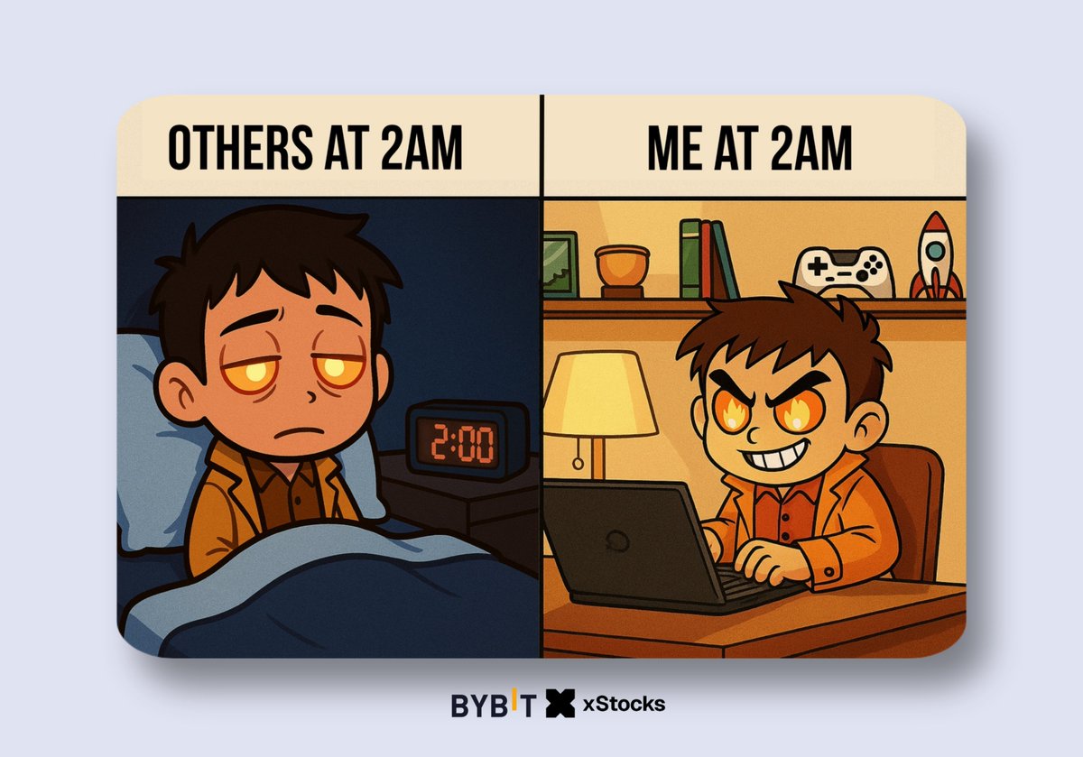 cultx23yap's tweet photo. While the world sleeps, the real traders stay awake. 😴💤
@Bybit_Official @xStocksFi lets you trade your favorite U.S. stocks 24/7... even at 2 AM. 😉🌙

🚨No market hours.
🚨No waiting.
🚨Just pure opportunity.

#Bybit #xStocksFi #TradeAnytime #CryptoMeetsStocks https://t.co/08Fa4nEIrT