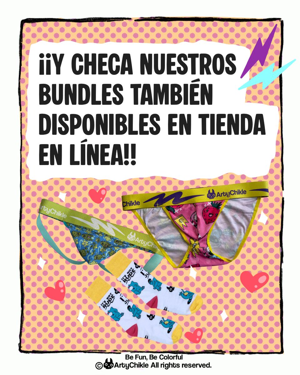 ArtyandChikle's tweet photo. ⚡🧦🩲✨ ¡JULIO ES DE BUNDLES!
Este mes te armamos los combos más sabrosos con calzones, jocks y calcetines chidos 😎💖
👙 3 o 4 bikinis o jocks (¡puedes combinarlos!)
🧦 Packs de calcetines
🔥 ¡Y todos con descuentazo incluido!
#ArtyChikle #BeFunBeColorful #underwear https://t.co/70b4OBpXgC