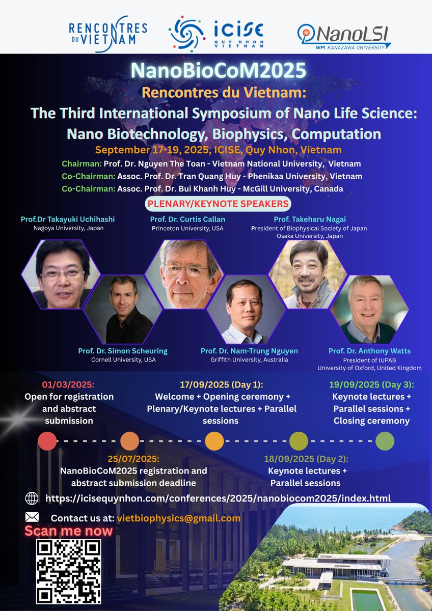 The 3rd NanoBioCoM will be held this September at the <a href="/ICISEconference/">ICISE Conference Center. Vietnam</a> center in Quy Nhon, Vietnam. Registration is already open and <a href="/nanolsi/">WPI-NanoLSI</a>
members Takahashi, Lim, Vu, Chafai, and <a href="/kienman3/">Kien Xuan Ngo</a> will participate.
For more information, visit the symp. website!
icisequynhon.com/conferences/20…