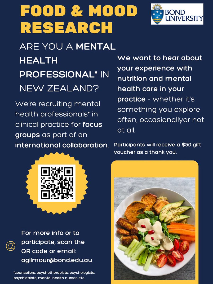 Are you a mental health professional in clinical practice in New Zealand and interested in being involved in our research on experiences of nutrition &amp; mental health care in your practice (whether you explore it often, occasionally, or not at all)? 
email agilmour@bond.edu.au