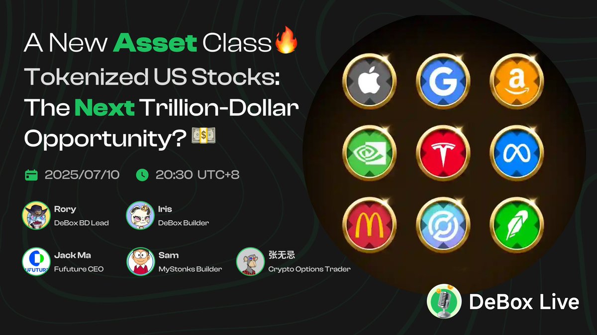 DeBox_Social's tweet image. 💡Tokenized US Stocks: The Next Trillion-Dollar Market?
As RWAs and on-chain finance converge, tokenized equities are becoming a key bridge between #Web3 and #TradFi. 🐂
🗓 Date: July 10 (Thu), 20:30 (UTC+8)
🎤 Host: Rory - DeBox BD Lead (@rory168)
👥 Guest Speakers:
• Iris…