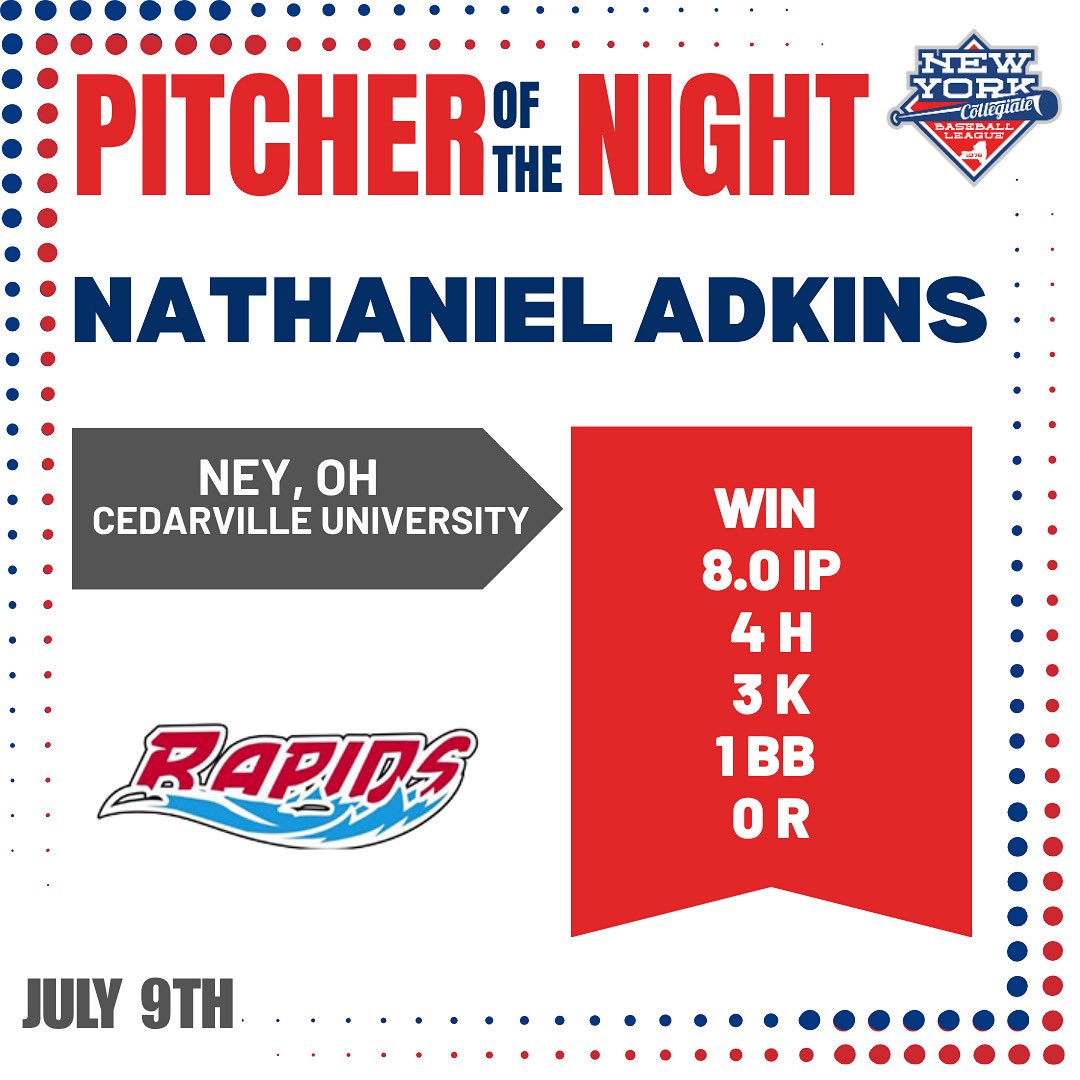 NYCBL Baseball (@nycblbaseball) on Twitter photo The pitcher of the night for Wednesday, July 9th is Nathaniel Adkins! The pitcher of the night for Wednesday, July 9th is Nathaniel Adkins!