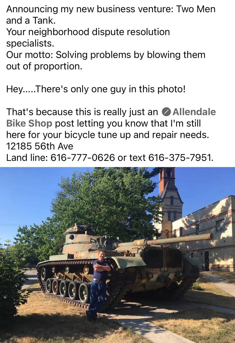 Saw this post from a local Allendale business, and loved it.  Yes, I have taken my bikes to him before, and he does do great work.