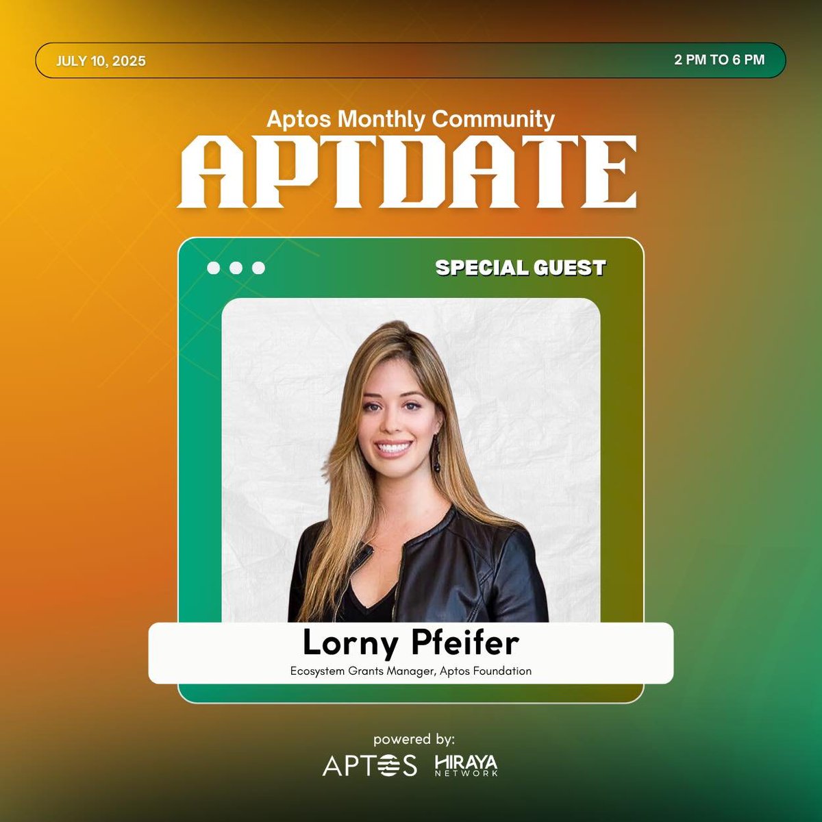 GUEST SPOTLIGHT!

Meet Lorny Pfeifer, Ecosystem Grants Manager (Global) at <a href="/Aptos/">Aptos</a> Foundation and our special guest for the APTdate today 🚀

With deep roots in venture capital and a sharp eye for scaling early-stage startups, Lorny brings not just expertise but a passion for