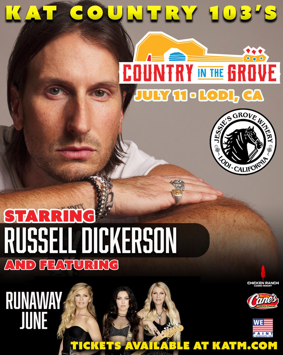 KAT Country 103 (@katcountry103) on Twitter photo Join <a href="/KATCOUNTRY103/">KAT Country 103</a> and @ChickenRanchCasino for Country In The Grove, Friday July 11th at <a href="/JessiesGrove/">Jessie's Grove</a> in Lodi starring @RussellDickerson, <a href="/runawayjune/">Runaway June</a> and Kristen Brown from Season 24 of The Voice! For tickets go here>>>Country in the Grove with Russell Dickerson! | KATM-FM Join <a href="/KATCOUNTRY103/">KAT Country 103</a> and @ChickenRanchCasino for Country In The Grove, Friday July 11th at <a href="/JessiesGrove/">Jessie's Grove</a> in Lodi starring @RussellDickerson, <a href="/runawayjune/">Runaway June</a> and Kristen Brown from Season 24 of The Voice! For tickets go here>>>Country in the Grove with Russell Dickerson! | KATM-FM