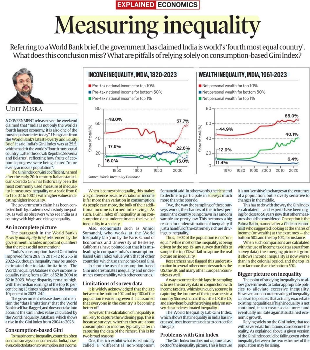 imRavikantYadav's tweet photo. 'Measuring inequality'

#WorldBank -#poverty &amp; #Equity brief

'Claim:India 4th most equal country'

:An Insightful article by Sh Udit Misra
@ieuditmisra

#Inequality
#GiniIndex #GiniCoefficient #income 
#India #Consumption #survey
#Data #Limitations
#PalmaRatio
#Economics

#UPSC https://t.co/WBMej9HSdk