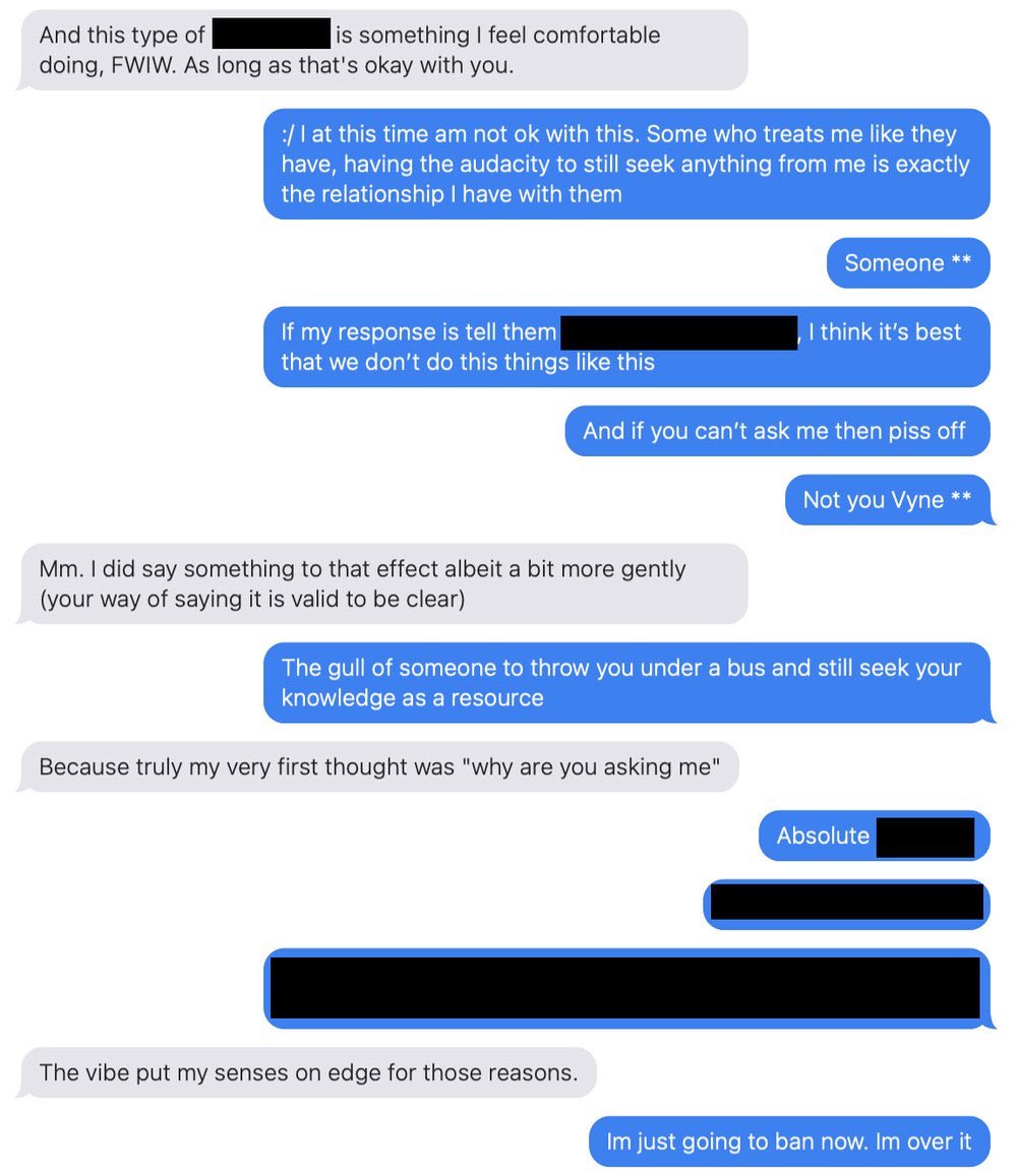 VyneHellebore's tweet image. - I messaged her mod because I figured directly messaging her would cross a boundary. This person had previously expressed they were fine with me so I didn’t know it would be an issue. For that, I apologize. I was unaware they were uncomfortable with me because our DMs were fine