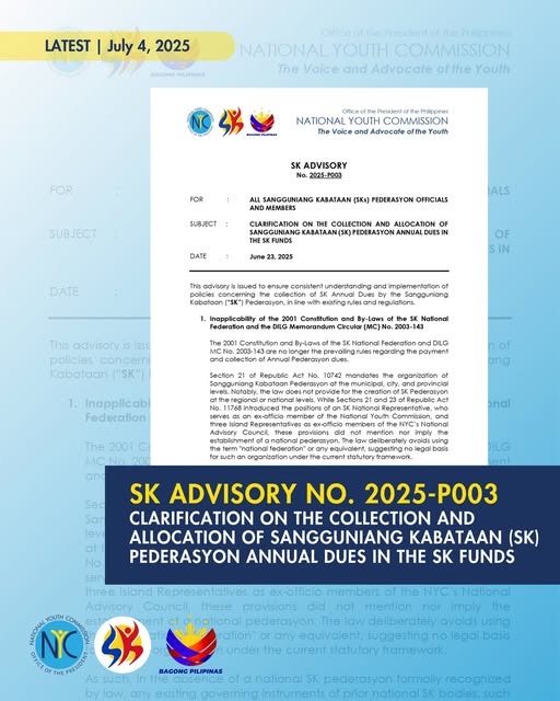 SK Advisory No. 2025-P003 | 𝐂𝐋𝐀𝐑𝐈𝐅𝐈𝐂𝐀𝐓𝐈𝐎𝐍 𝐎𝐍 𝐓𝐇𝐄 𝐂𝐎𝐋𝐋𝐄𝐂𝐓𝐈𝐎𝐍 𝐀𝐍𝐃 𝐀𝐋𝐋𝐎𝐂𝐀𝐓𝐈𝐎𝐍 𝐎𝐅 𝐒𝐀𝐍𝐆𝐆𝐔𝐍𝐈𝐀𝐍𝐆 𝐊𝐀𝐁𝐀𝐓𝐀𝐀𝐍 (𝐒𝐊) 𝐏𝐄𝐃𝐄𝐑𝐀𝐒𝐘𝐎𝐍 𝐀𝐍𝐍𝐔𝐀𝐋 𝐃𝐔𝐄𝐒 𝐈𝐍 𝐓𝐇𝐄 𝐒𝐊 𝐅𝐔𝐍𝐃𝐒

More: facebook.com/nationalyouthc…