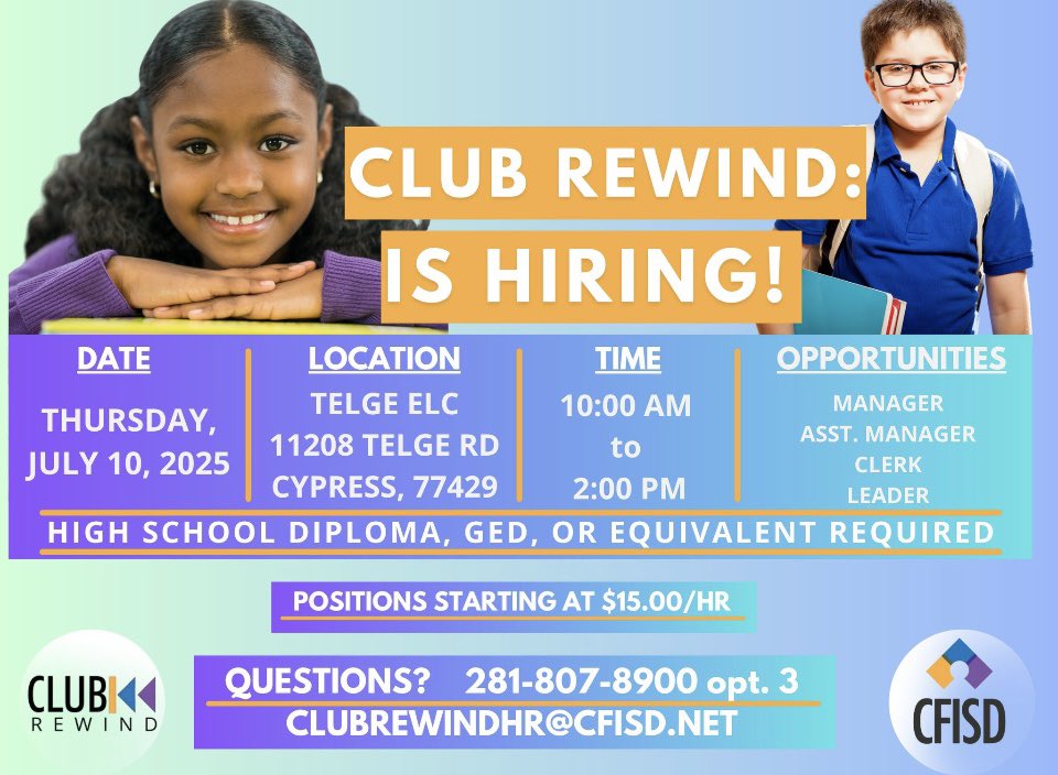 CFISDHeatherK's tweet image. Love working with kids? This is your chance to make a real impact! 💙
We’re hosting on-site interviews, so bring your resume and come meet us in person. Let’s talk about how you can be part of something meaningful!
@CFISDCOMMPROG @CyFairISD