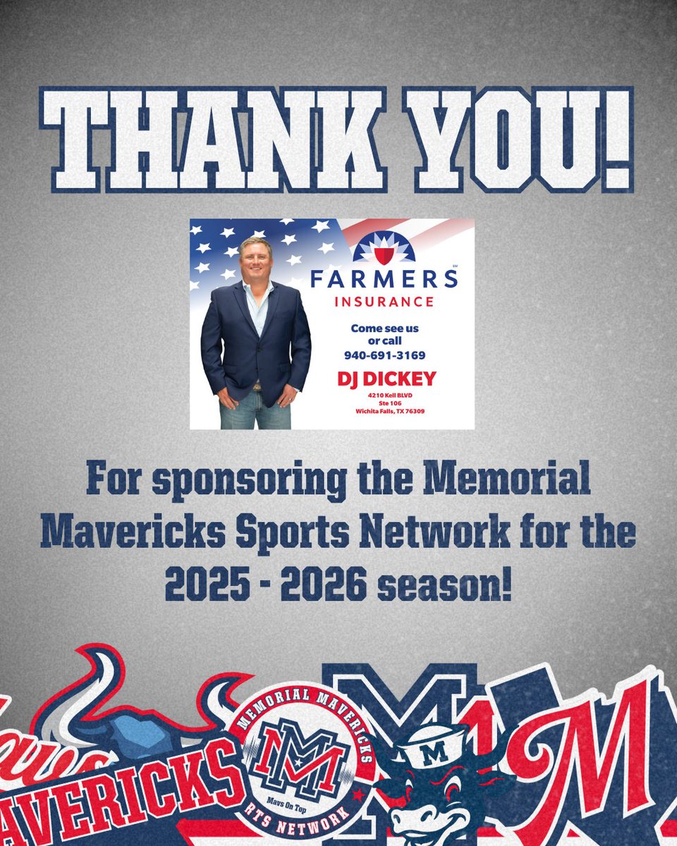 Thank you, DJ Dickey of Farmers Insurance, for supporting the Memorial Mavericks Sports Network!

From auto to home to life, DJ and his team protect what matters most—local, trusted, and always ready to help.

Become a sponsor:
 mavsontop.com/store/p6/BECOM…

🔴⚪🔵 #MavsOnTop 🔵⚪🔴