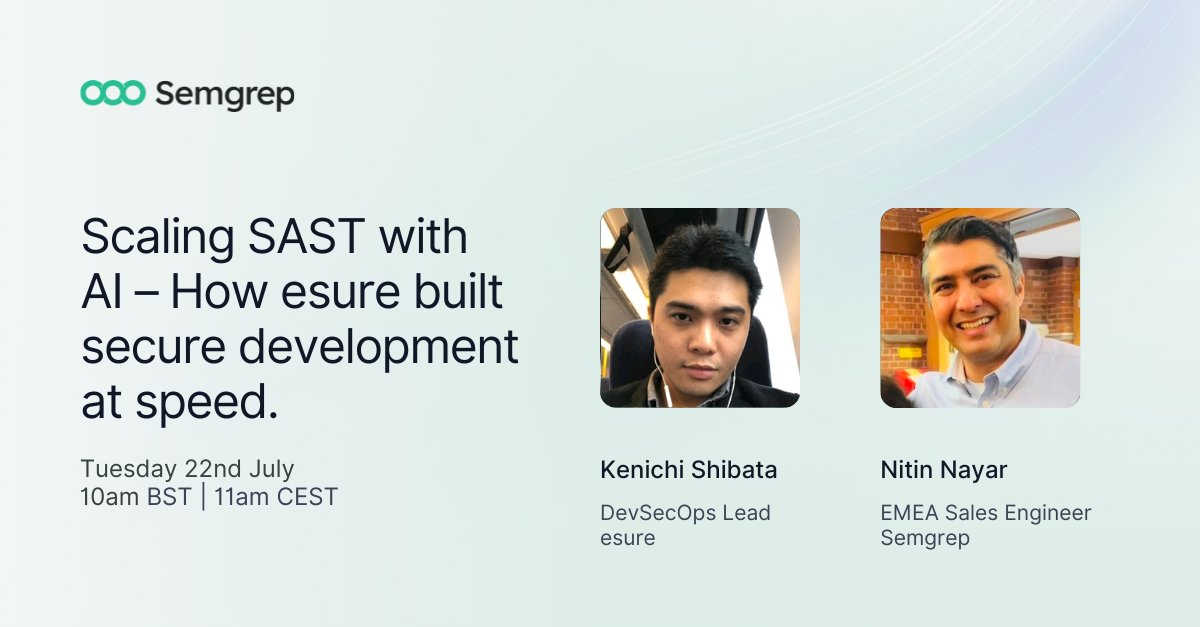 semgrep's tweet image. Want to find out how to scale SAST with AI? Join our ‘Semgrep Story’ webinar with esure on 22nd July! 📖
In this session, you’ll hear direct from esure’s Kenichi Shibata on how they replaced legacy SAST with Semgrep’s AI-powered platform for:
⚡Faster feedback
🎯Fewer false…