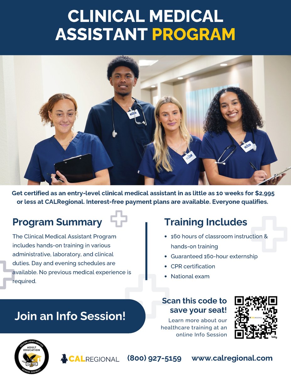 InlandAEBG's tweet photo. PROGRAMS IN BLOOMINGTON

CALRegional, in partnership withColton Joint Unified AdultEducation, provides students withfast and affordable healthcaretraining programs in some of themost in-demand job sectors. https://t.co/cHMu0CFDS0
