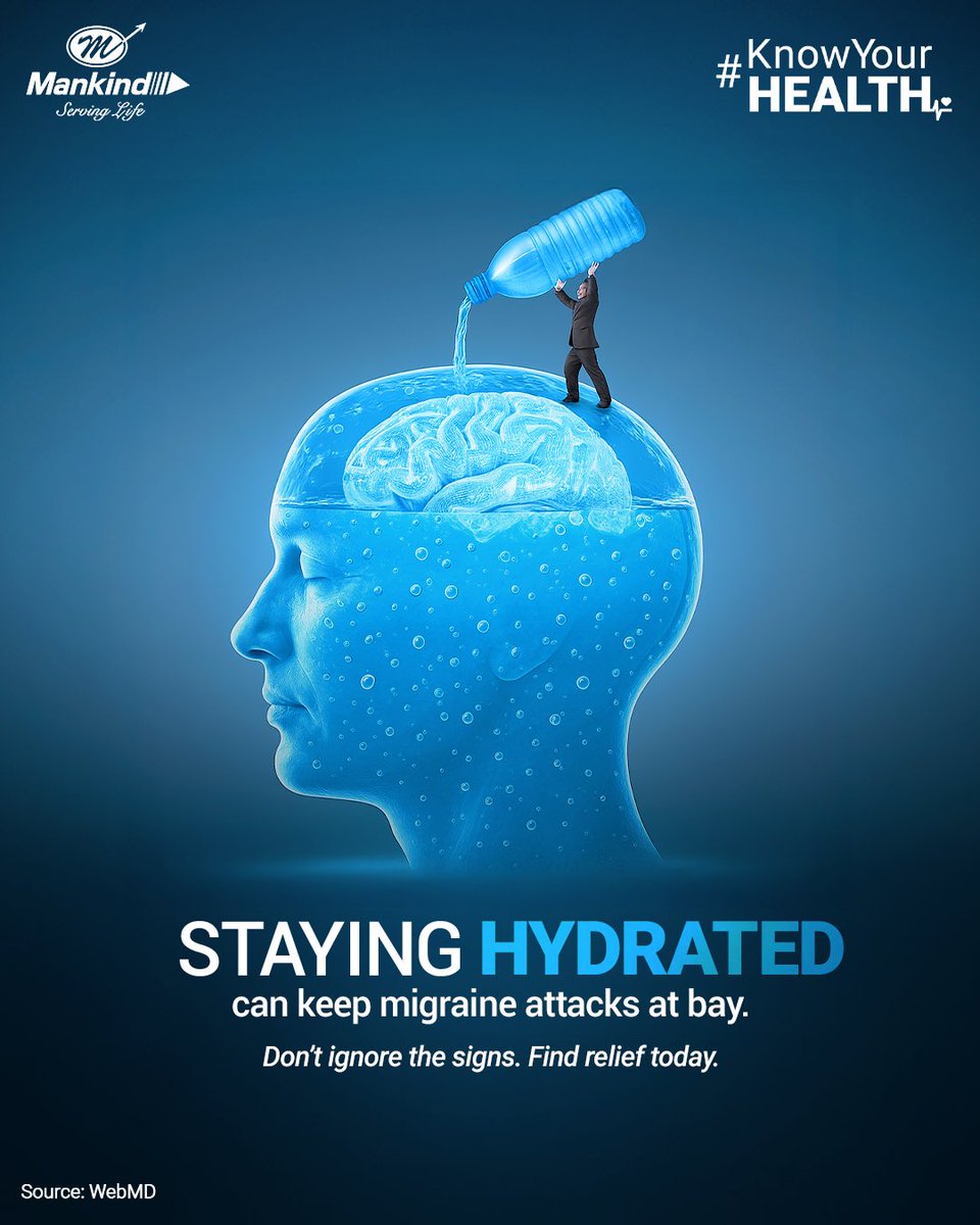 Dehydration is a more common headache trigger than you think. A regular drink of water every few hours can keep your head healthier and help gradually overcome migraine issues.

#KnowYourHealth #Migraine #Headache #StayHydrated #Mankind #MankindPharma #ServingLife