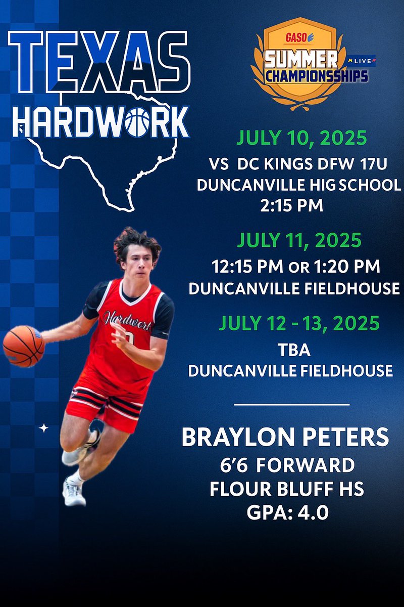 brayrey03's tweet image. Schedule for this weekend at GASO summer championships in Dallas
@txhardwork @FBHornetHoops