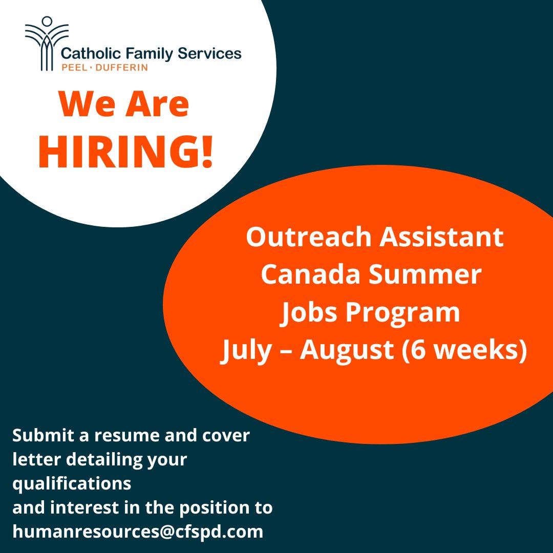 CFSPD is hiring an Outreach Assistant! (Canada Summer Jobs Program 6-week contract, July–August).

Gain hands-on experience supporting our non-profit operation. Perfect for motivated youth looking to make an impact in Peel and Dufferin.

Apply now at cfspd.com