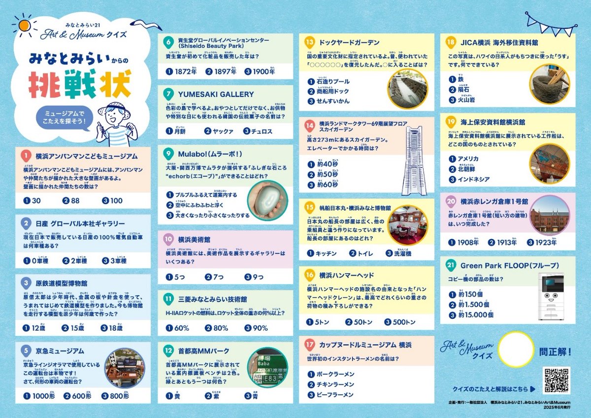 MinatomiraiNow's tweet image. \『Art & Museum 🌻夏やすみマップ🌻』ができました/
今年のクイズ「#みなとみらいからの挑戦状」は、なかなかの難問👀です…あなたはいくつ解けるかな🤓
クイズも楽しみながら、Art & Museum 施設をまわってみよう😄
#みなとみらい #みなとみらいマップ #クイズ
minatomirai21.com/campaign/121891