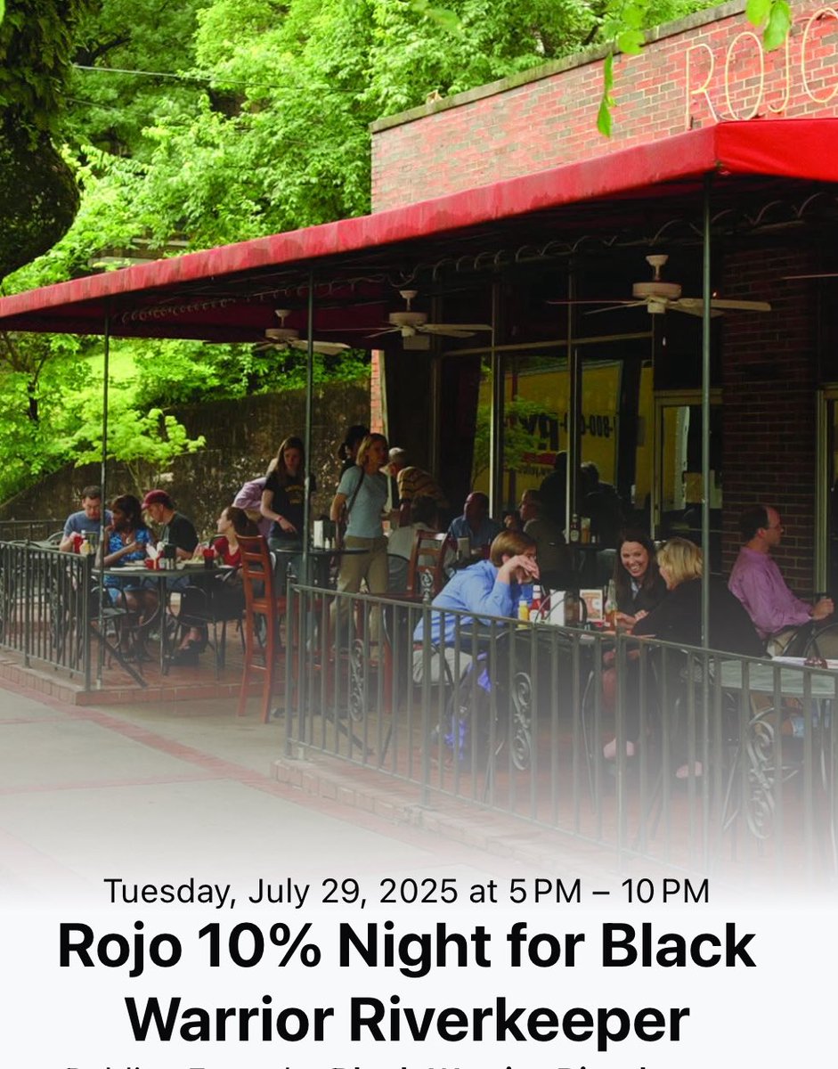 Rojo Birmingham will donate 10% of all sales to Black Warrior Riverkeeper from 5 to 10PM on Tuesday, July 29! facebook.com/share/1BNy5eGV…