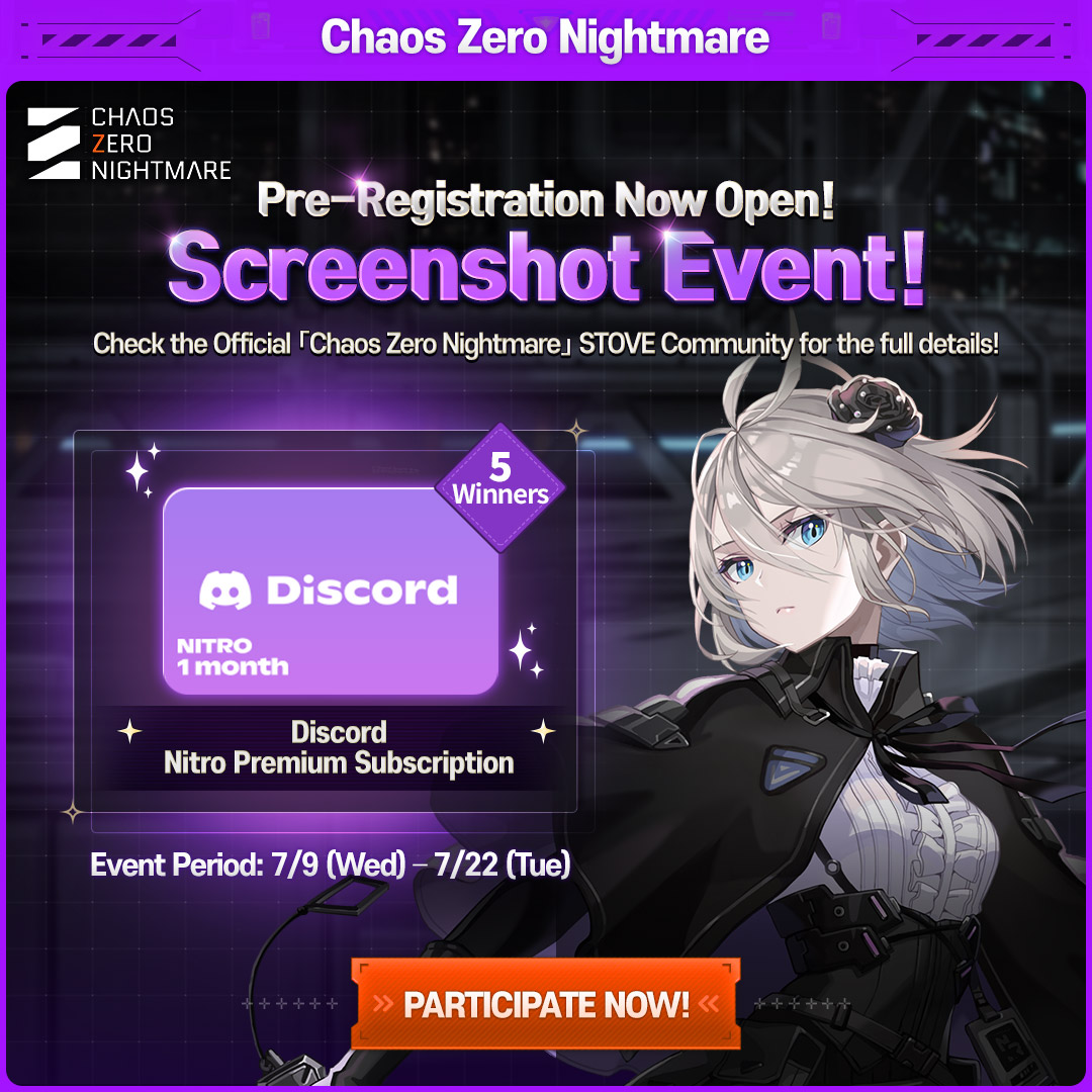 CZN_Official_EN's tweet image. ◤Pre-Registration Screenshot Event◢
Complete your pre-registration for「#ChaosZeroNightmare」
and upload a screenshot to the Official Community Event board. 5 lucky winners will receive a 1-month #Discord #Nitro Premium subscription!🎁
Check the Official「Chaos Zero…