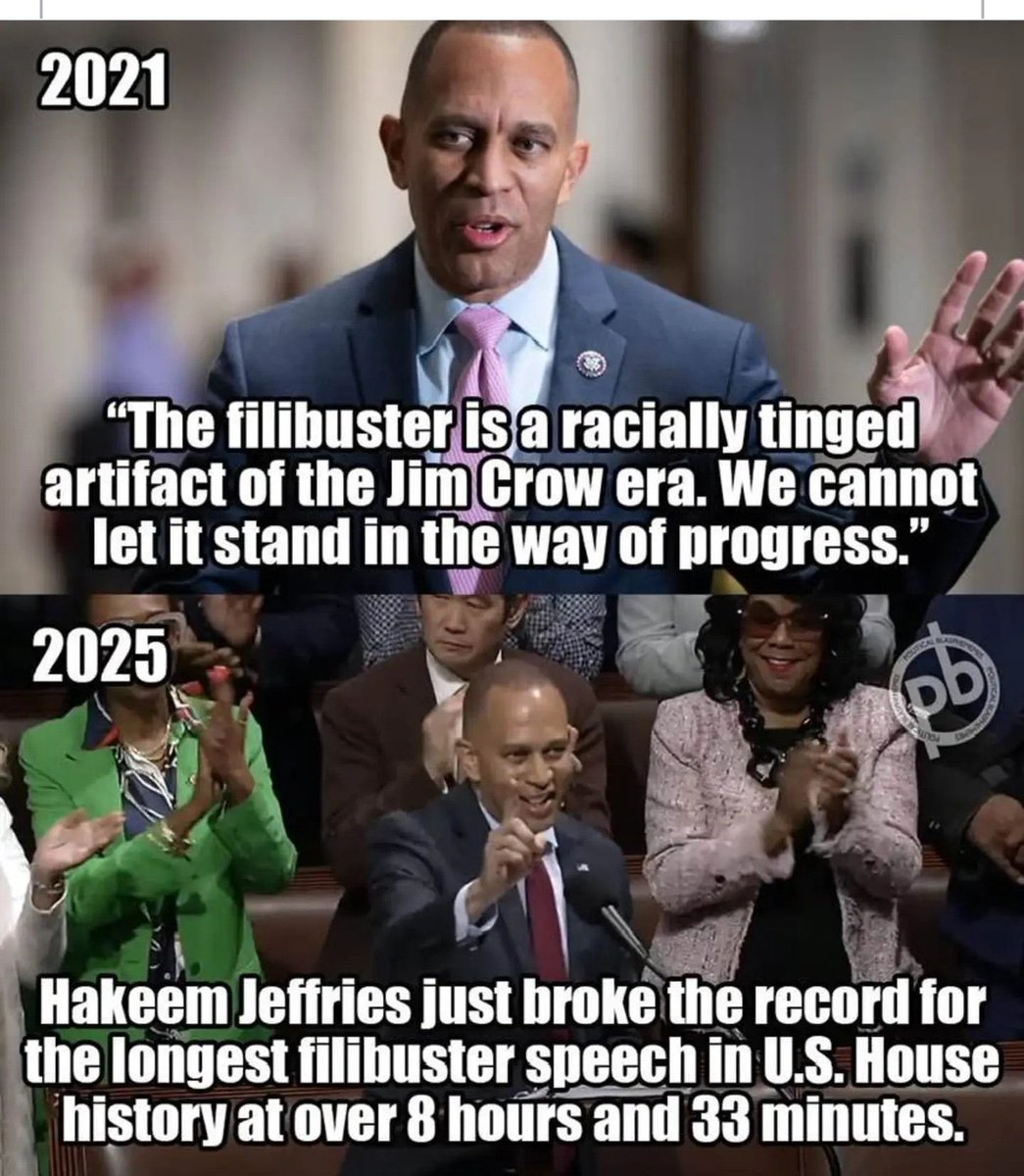 💥Hank💥 (@hankishtwitzone) on Twitter photo Dear <a href="/RepJeffries/">Hakeem Jeffries</a> in 2021 you defined filibuster as being “a racially tinged artifact of the Jim Crow era” standing in the way of “progress” before committing a record breaking “filibuster” to “stop progress” just four years later in 2025! Can you please explain the hypocrisy? Dear <a href="/RepJeffries/">Hakeem Jeffries</a> in 2021 you defined filibuster as being “a racially tinged artifact of the Jim Crow era” standing in the way of “progress” before committing a record breaking “filibuster” to “stop progress” just four years later in 2025! Can you please explain the hypocrisy?