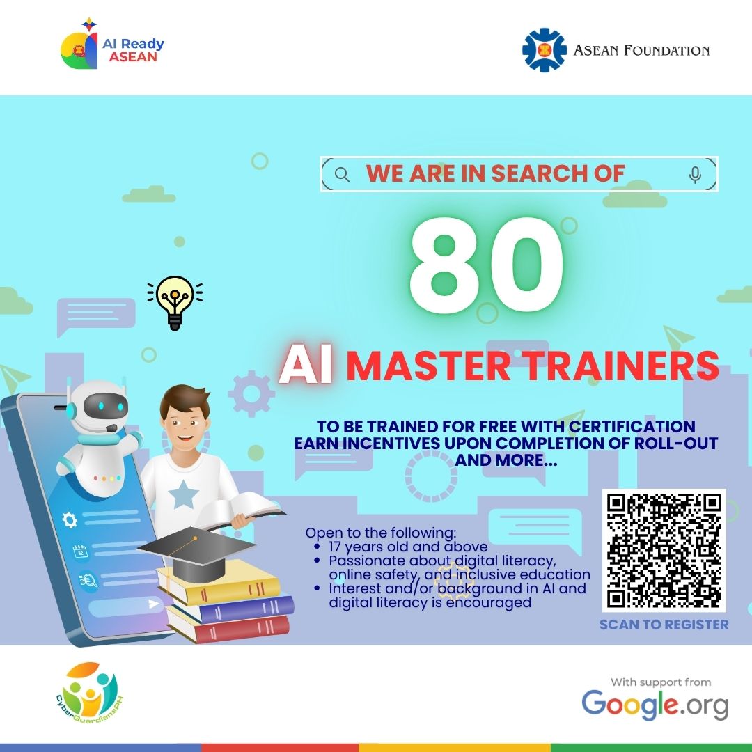 CGuardiansPH's tweet photo. Join US and be part of the AI-Ready ASEAN Master Trainers!

Now is the time to step up and make a real difference.

Let’s co-create a #futureready and #SaferCyberspace — together. 

Click here: https://t.co/04aYODKQ4O..

#AIReadyASEAN #BeASEAN #CGPH2025

@aseanfoundation https://t.co/QwAR56a7LW