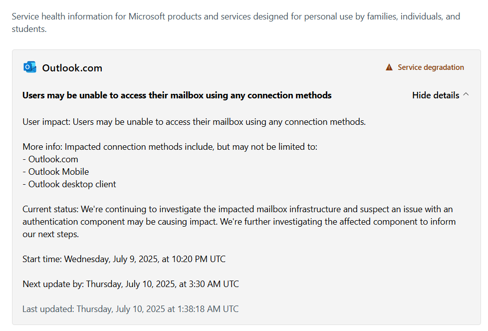 Came all the way to X to find why Microsoft Email Outlook.com Service was failing.  There was NOTHING there to tell me.  So, here, dear world, is the information: