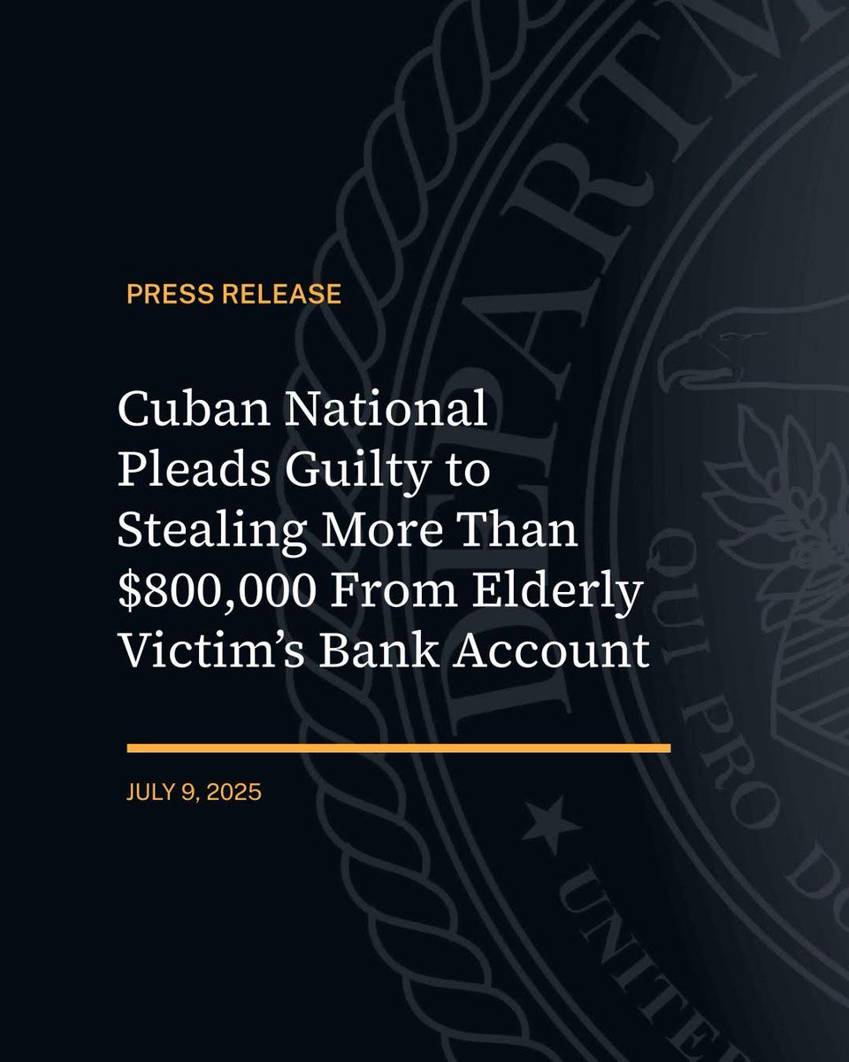 USAO_SDFL's tweet image. Cuban National Pleads Guilty to Stealing More Than $800,000 From Elderly Victim’s Bank Account
🔗justice.gov/usao-sdfl/pr/c…
@FBIMiamiFL
@FDIC_OIG
@SecretService-Miami