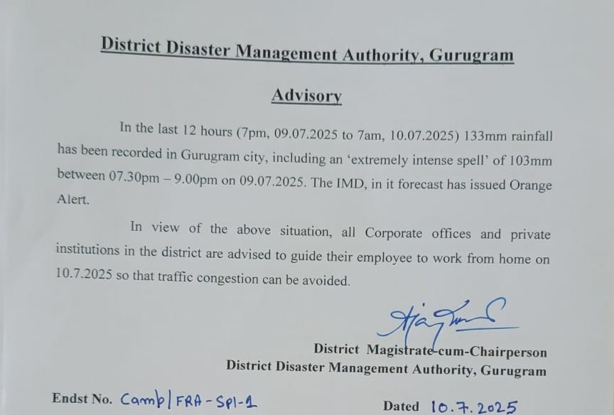 #Advisory | In the past 12 hours (7 PM, 09.07.2025 to 7 AM, 10.07.2025), 133mm rainfall has been recorded in Gurugram, including an extremely intense spell of 103mm between 7:30 PM – 9:00 PM on 09.07.2025.
The India Meteorological Department (IMD) has issued an Orange Alert.

All