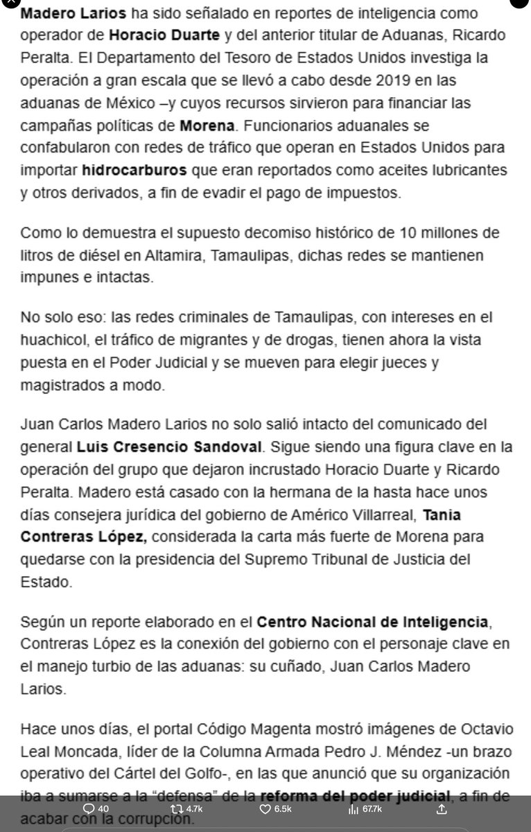 El Instituto Electoral de Tamaulipas y el gobierno de <a href="/Dr_AVillarreal/">Américo Villarreal</a> le exigen a <a href="/hdemauleon/">Héctor de Mauleón</a> y ⁦<a href="/El_Universal_Mx/">El Universal</a>⁩ bajar en 7 horas la columna sobre el huachicol y el Poder Judicial en Tamaulipas.

Dicho lo anterior, por cada ❤️ y 🔁 va un CHINGUEN SU MADRE para ellos. 🙂