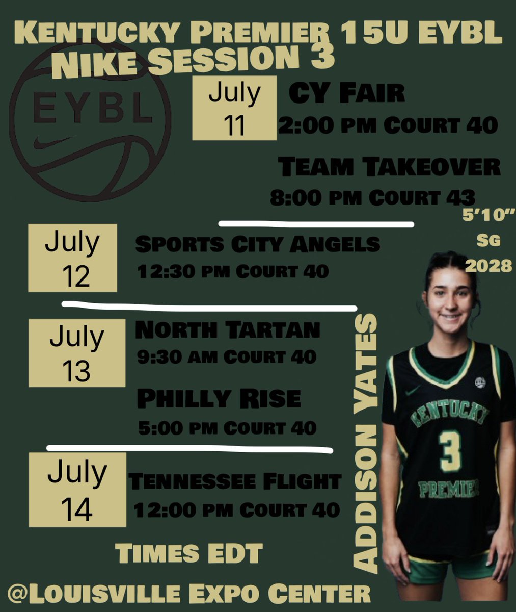 addison_yates3's tweet image. Here is my upcoming schedule for @NikeGirlsEYBL Session 3 In Louisville, KY!! Come check out me and my teammates play! @KYP15ueybl @PGHKentucky @KentuckyPremier