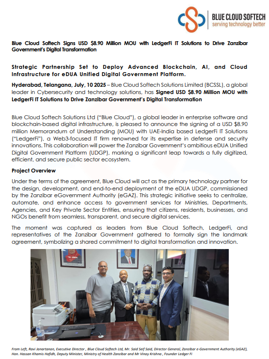 IndianStockEco's tweet image. 🚨Blue Cloud Softech Solutions:
👉#BlueCloudSoftech Signs USD $8.90 Million MOU with LedgerFi IT Solutions to Drive Zanzibar Government’s Digital Transformation
#MOU #stocksinfocus #StockMarketNews #StockMarketIndia