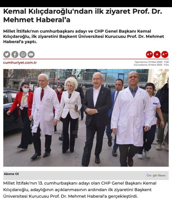 CHP'nin ihtiyaç duydukça, işine geldikçe 17/25 muhabbeti yapması, can simidi gibi kullanması tam anlamıyla ahlâksızlıktır!

HATIRLAYALIM
Kemal Kılıçdaroğlu'ndan ilk ziyaret Prof.Dr. Mehmet Haberal'a
(10MAR23)