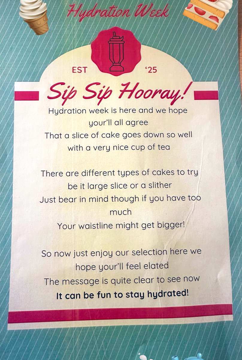 Hydration week continues…💦 our Ward Clark has gone all poetic! 
Join us for our ‘Diner’ round at 2:30 for a selection of drinks, ice lollies and treats <a href="/sarahhopkins01/">Sarah C H</a> <a href="/NinaJaspal/">Nina Jaspal</a> <a href="/lisafezzer/">Lisa</a>