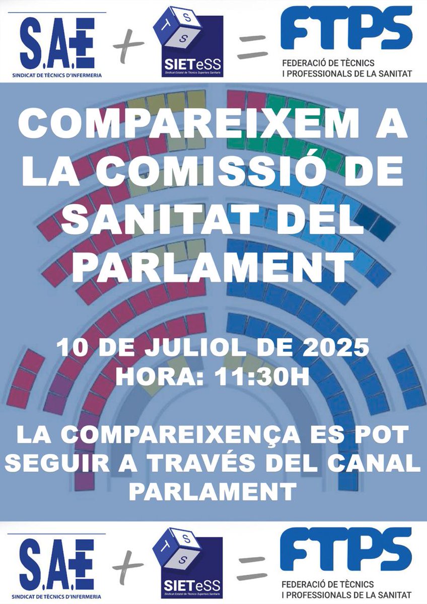 SaeCatalunya's tweet photo. 📢 10 de juliol de 2025 a les 11:30h
FTPS compareix a la Comissió de Sanitat del Parlament de Catalunya.
Podeu seguir la compareixença en directe a través del següent enllaç de la comissió de salut:
https://t.co/l8AMMiDCWK
#SAECatalunya #FTPS @sindicatosae #SanitatPública https://t.co/QsT9dR0DHl