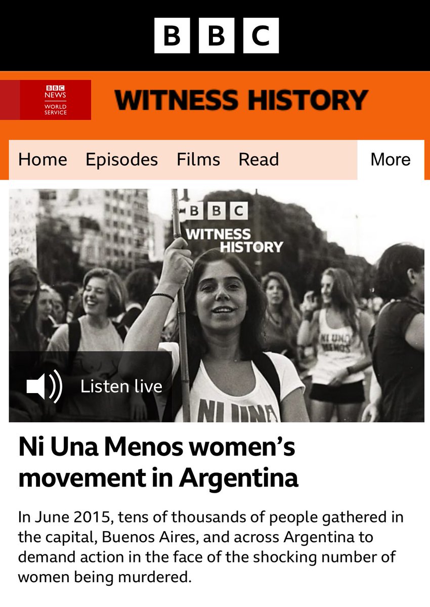 JoMcDermott's tweet image. Today on @bbcworldservice and @BBCSounds ten years on from the start of Ni Una Menos, Agustina Paz Frontera shares memories of that first history-making protest in Argentina
@NiUnaMenos_
bbc.co.uk/sounds/play/li…