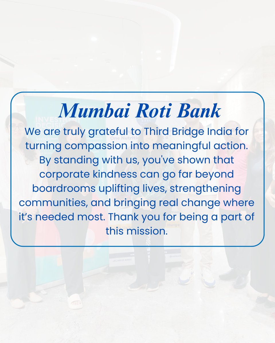 rotibankFdn's tweet photo. A heartfelt thank you to Third Bridge India
On 8th July, your 195 kg dry ration donation became hope on a plate for thousands.
Grateful for your support in our mission to serve fresh, nutritious meals daily.
#MumbaiRotiBank #ThirdBridgeIndia #ServeWithLove #FightHunge https://t.co/URnKFuuaUI